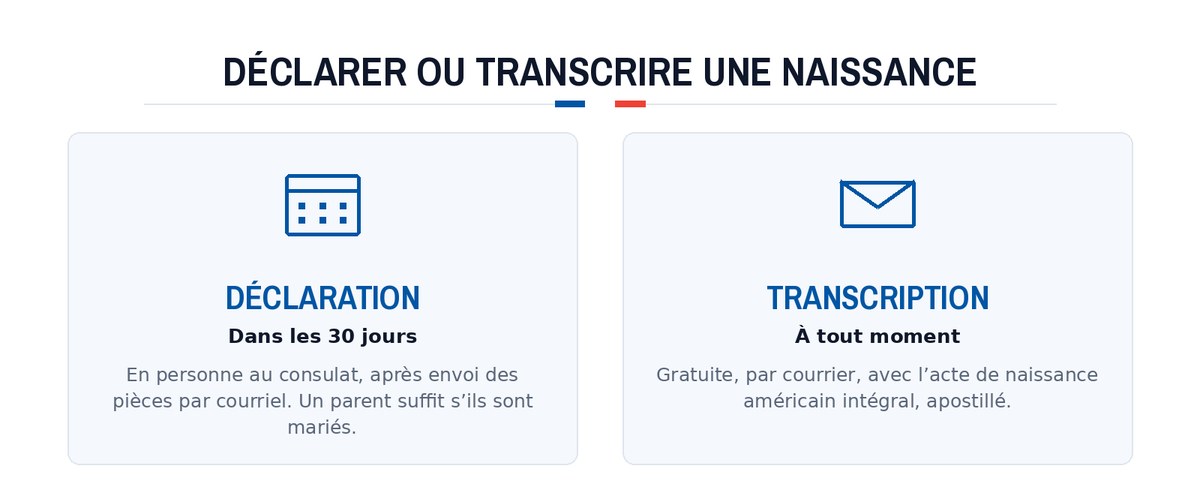 Déclarer ou transcrire une naissance : Déclaration; Transcription